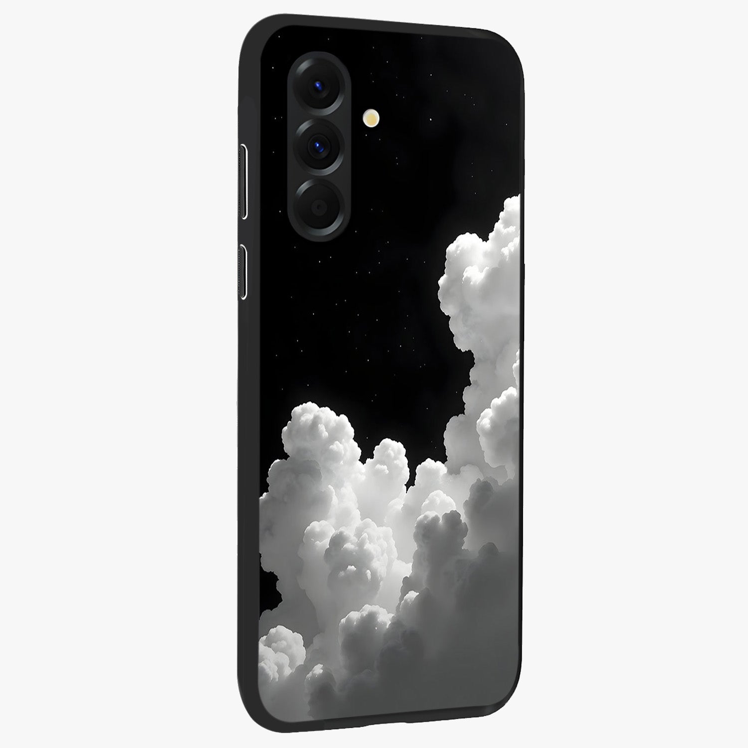 Black Background With White Cloud Glass Case upright view showcasing calm cloud aesthetic with modern minimal style.
