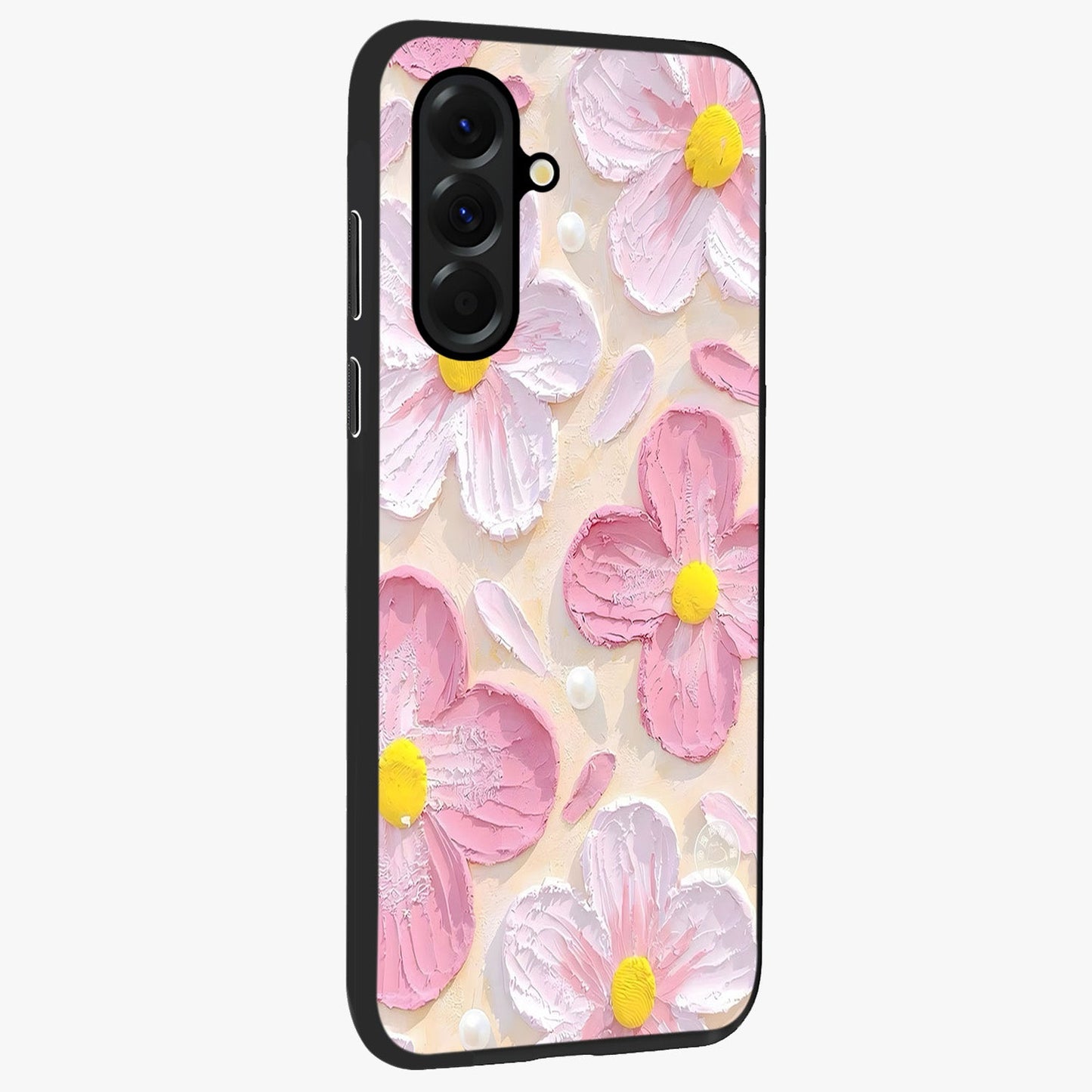 Blush Bloom Texture Glass Case upright view showcasing delicate blush floral texture with modern minimal style.