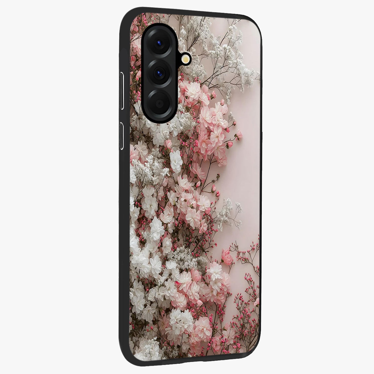 Blush Blossom Cloud Glass Case upright view showcasing calm floral cloud artwork with gentle dreamy theme.