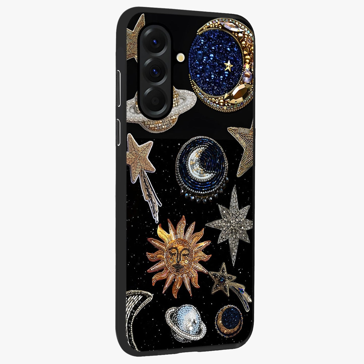 Celestial Gem Constellations Glass Case upright view showcasing cosmic constellation artwork with celestial aesthetic style.