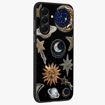 Celestial Gem Constellations Glass Case upright view showcasing cosmic constellation artwork with celestial aesthetic style.
