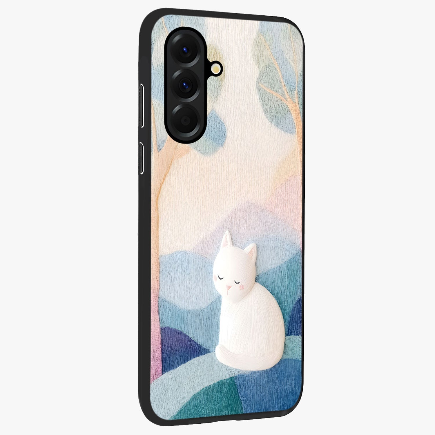 Cotton Dream Cat Glass Case upright view showcasing charming cat artwork with cozy dreamy theme.