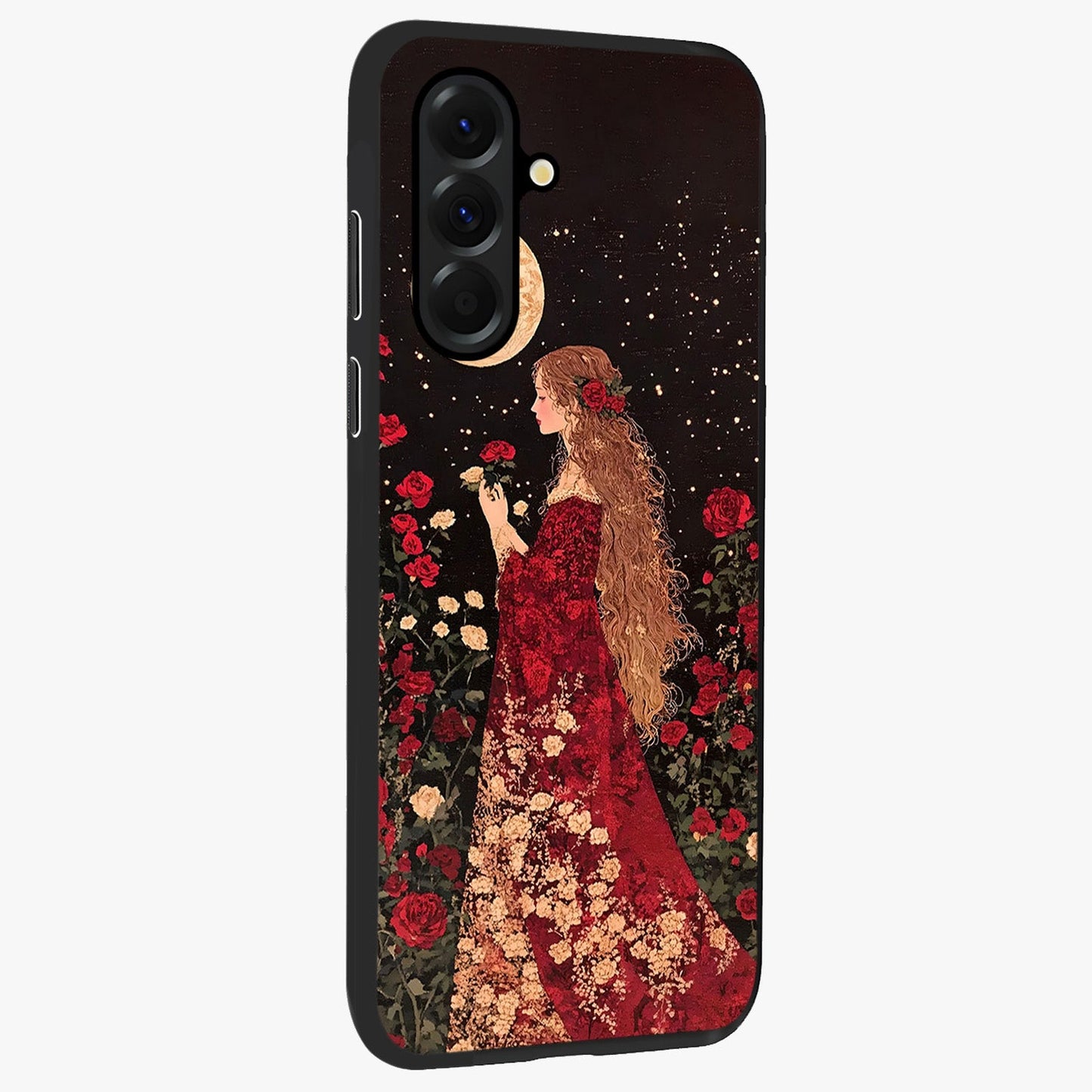 Crimson Dreams Glass Case upright view showcasing dreamy red toned artwork with modern aesthetic style.