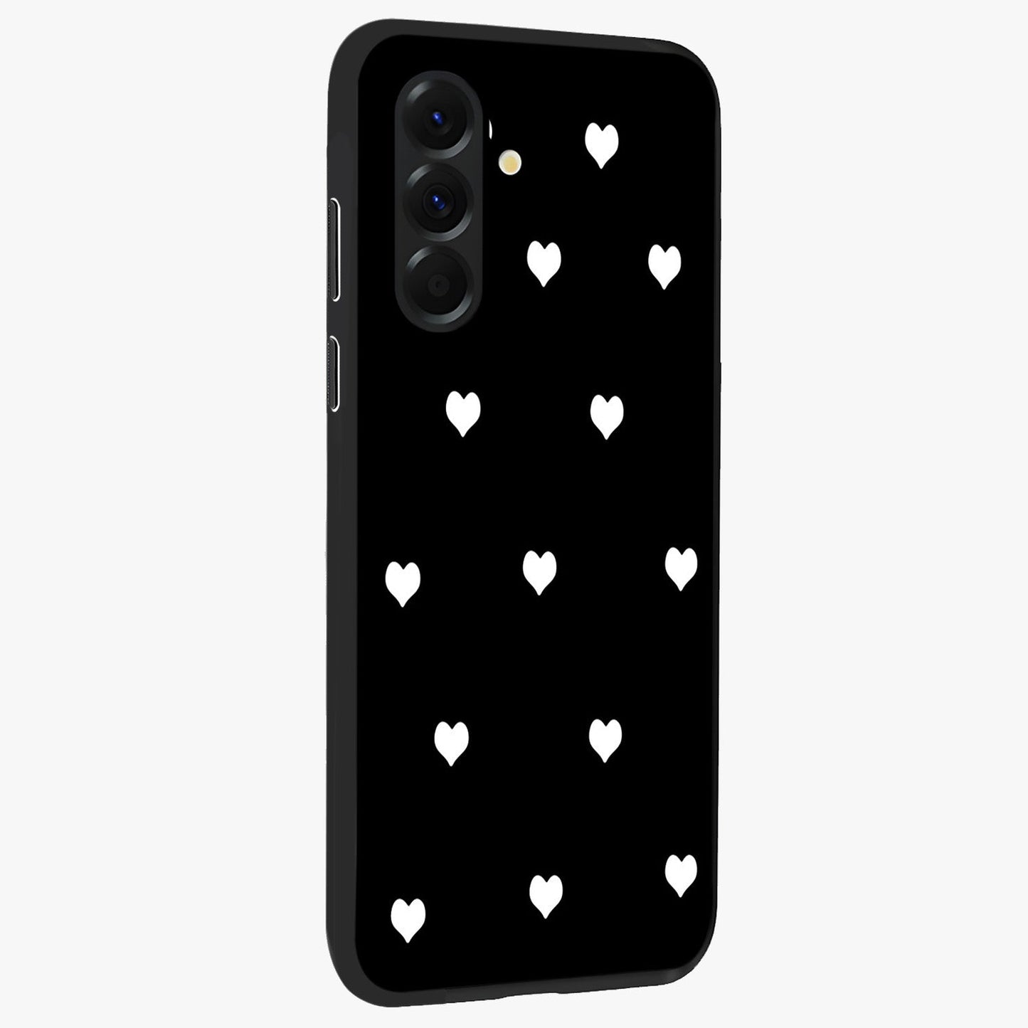 Cute And Simple White Hearts Glass Case upright view showcasing simple white hearts artwork with soft minimal theme.