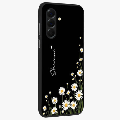 Daisy Cascade Custom Name Glass Case upright view showcasing elegant floral cascade design with personalized aesthetic.