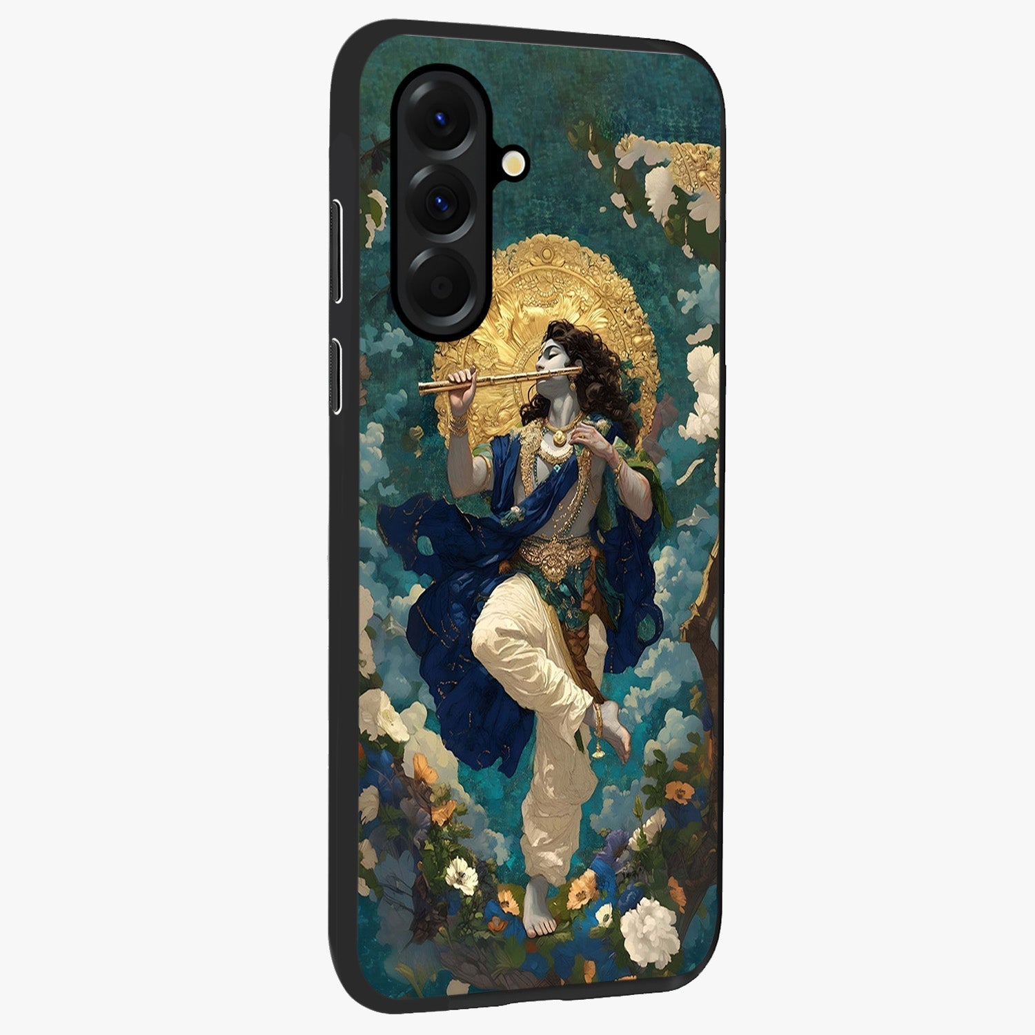 Divine Krishna Art Glass Case upright view showcasing divine Krishna artwork with sacred artistic theme.