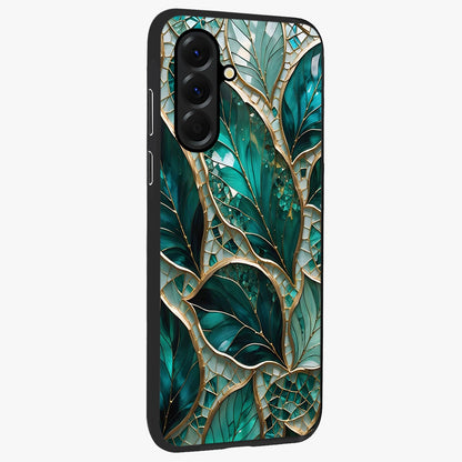 Emerald Leaf Glass Glass Case upright view showcasing fresh green leaf artwork with calming nature inspired style.