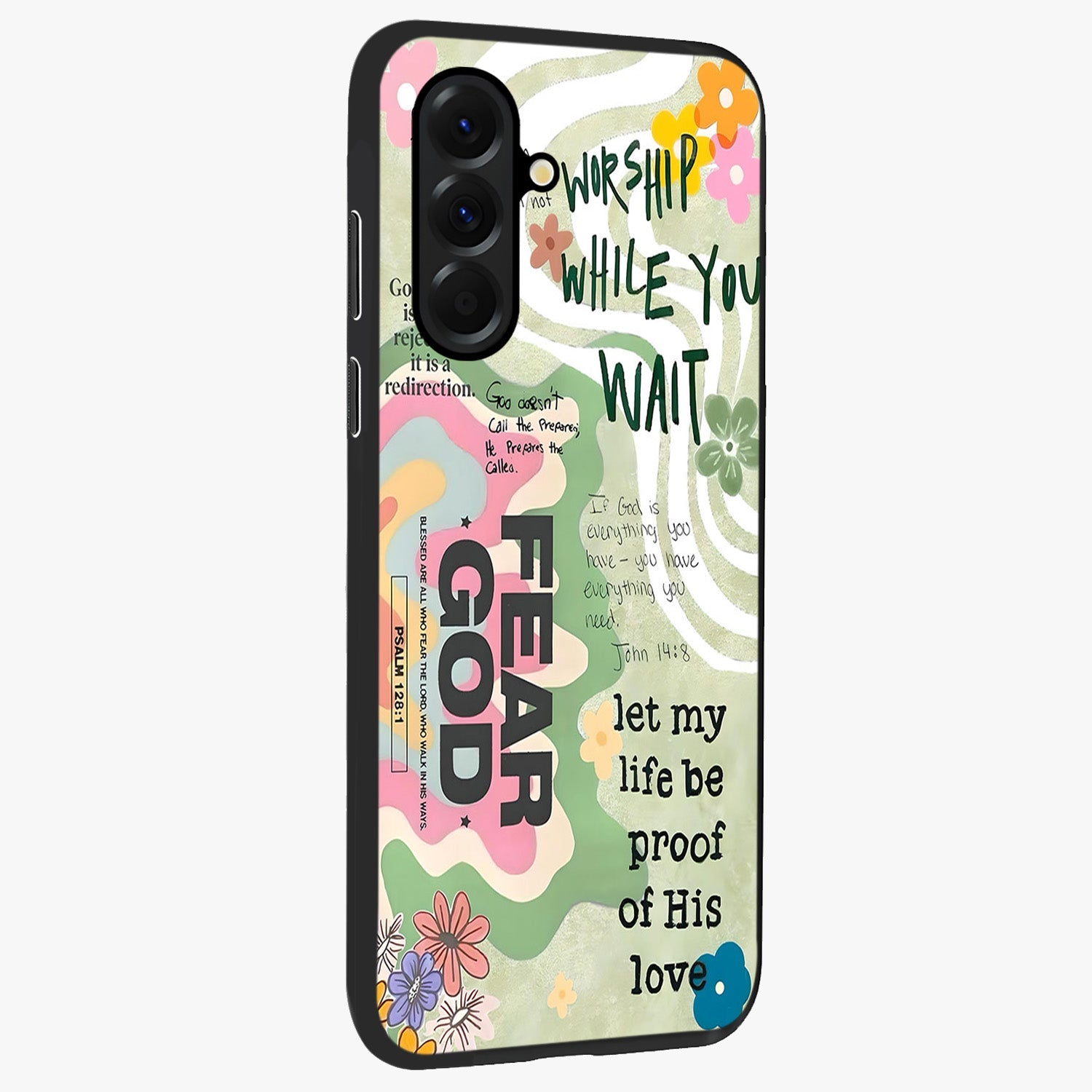 Faith Over Fear Glass Case upright view showcasing bold typography artwork with uplifting motivational theme.