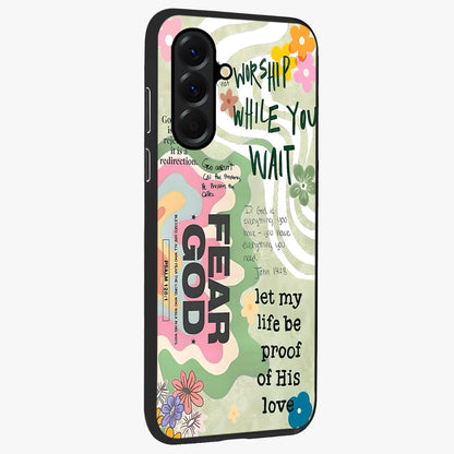 Faith Over Fear Glass Case upright view showcasing bold typography artwork with uplifting motivational theme.