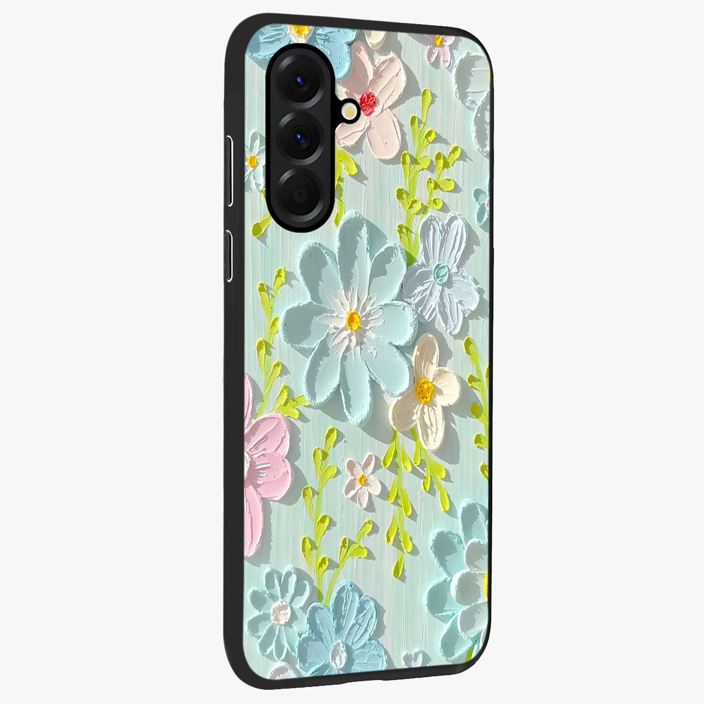 Frosted Petal Garden Glass Case upright view showcasing elegant floral garden artwork with soothing pastel theme.