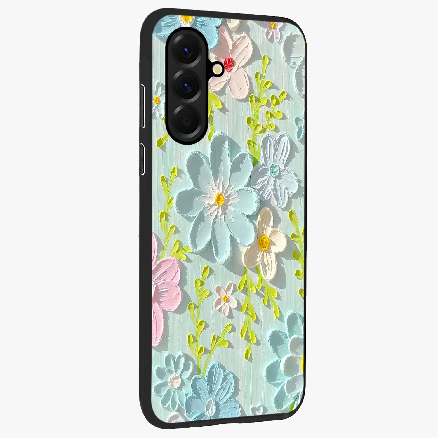 Frosted Petal Garden Glass Case upright view showcasing elegant floral garden artwork with soothing pastel theme.