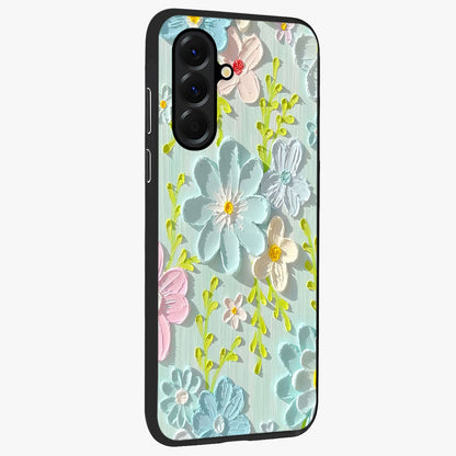Frosted Petal Garden Glass Case upright view showcasing elegant floral garden artwork with soothing pastel theme.