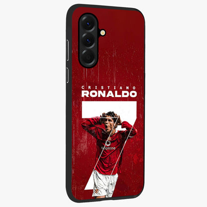 Goal Celebration Legacy Glass Case upright view showcasing dynamic football inspired artwork with victory celebration aesthetic.