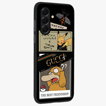 Gucci Play Mashup Glass Case upright view showcasing trendy luxury inspired artwork with modern fashion theme.