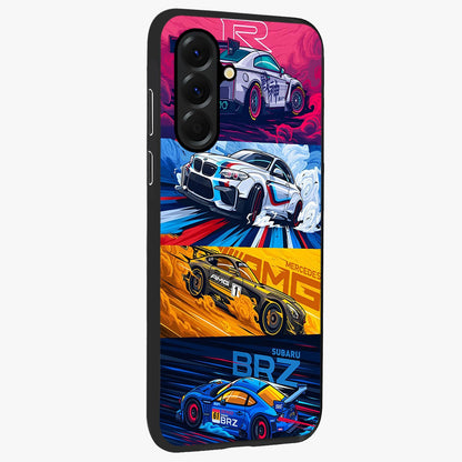 JDM Sports Car Glass Case upright view showcasing dynamic sports car artwork with bold racing theme.