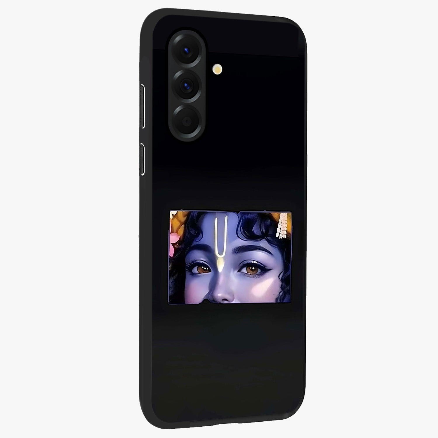 Krishna Divine Embrace Glass Case upright view showcasing sacred Krishna artwork with peaceful devotional theme.