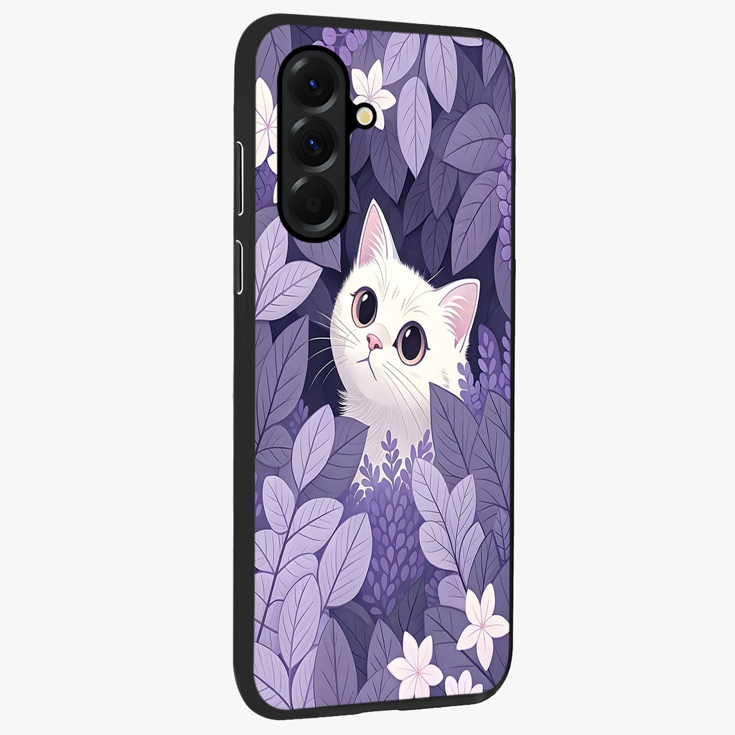 Lilac Hide Peek Cat Glass Case upright view showcasing charming cat artwork with adorable peek theme.