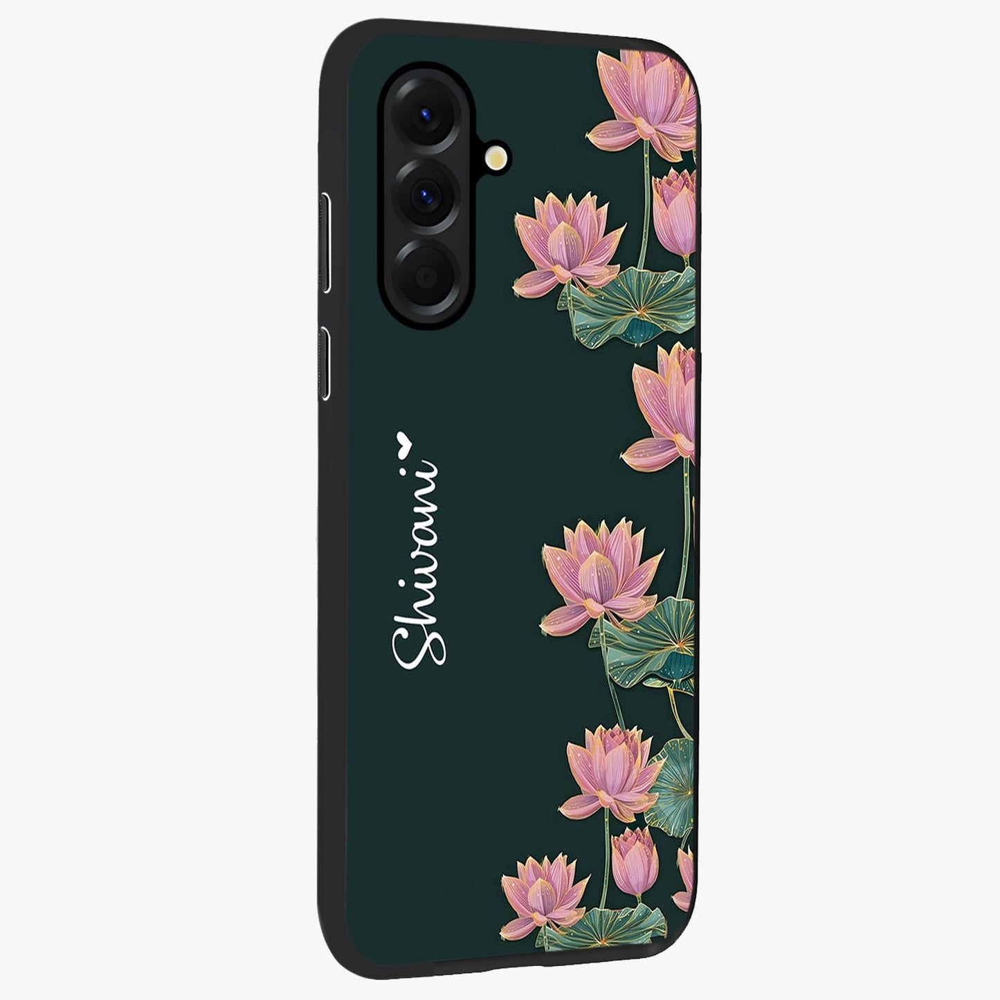 Lotus Bloom Serenity Custom Name Glass Case upright view showcasing serene lotus bloom artwork with personalized floral aesthetic.