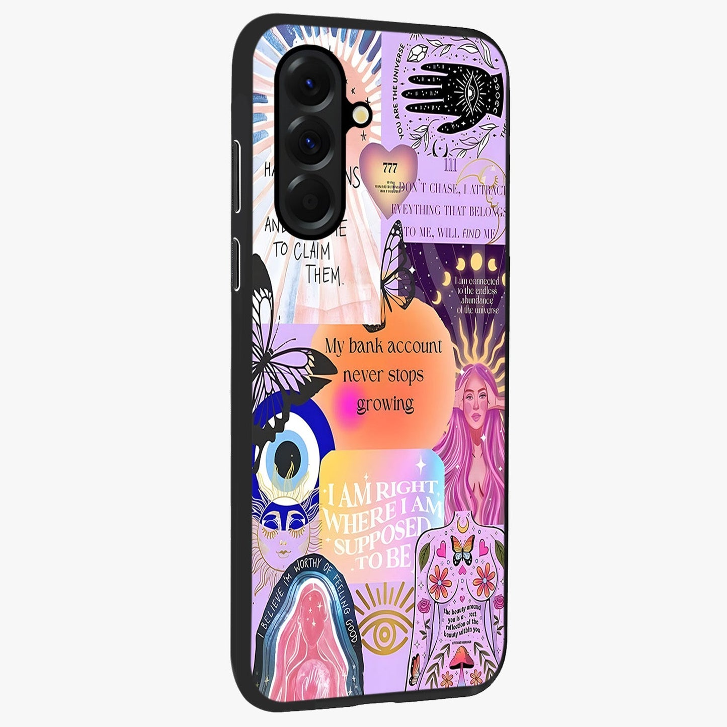 Manifestation Collage Glass Case upright view showcasing artistic manifestation themed artwork with creative style.