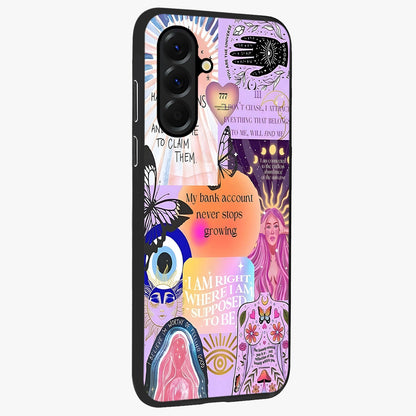 Manifestation Collage Glass Case upright view showcasing artistic manifestation themed artwork with creative style.