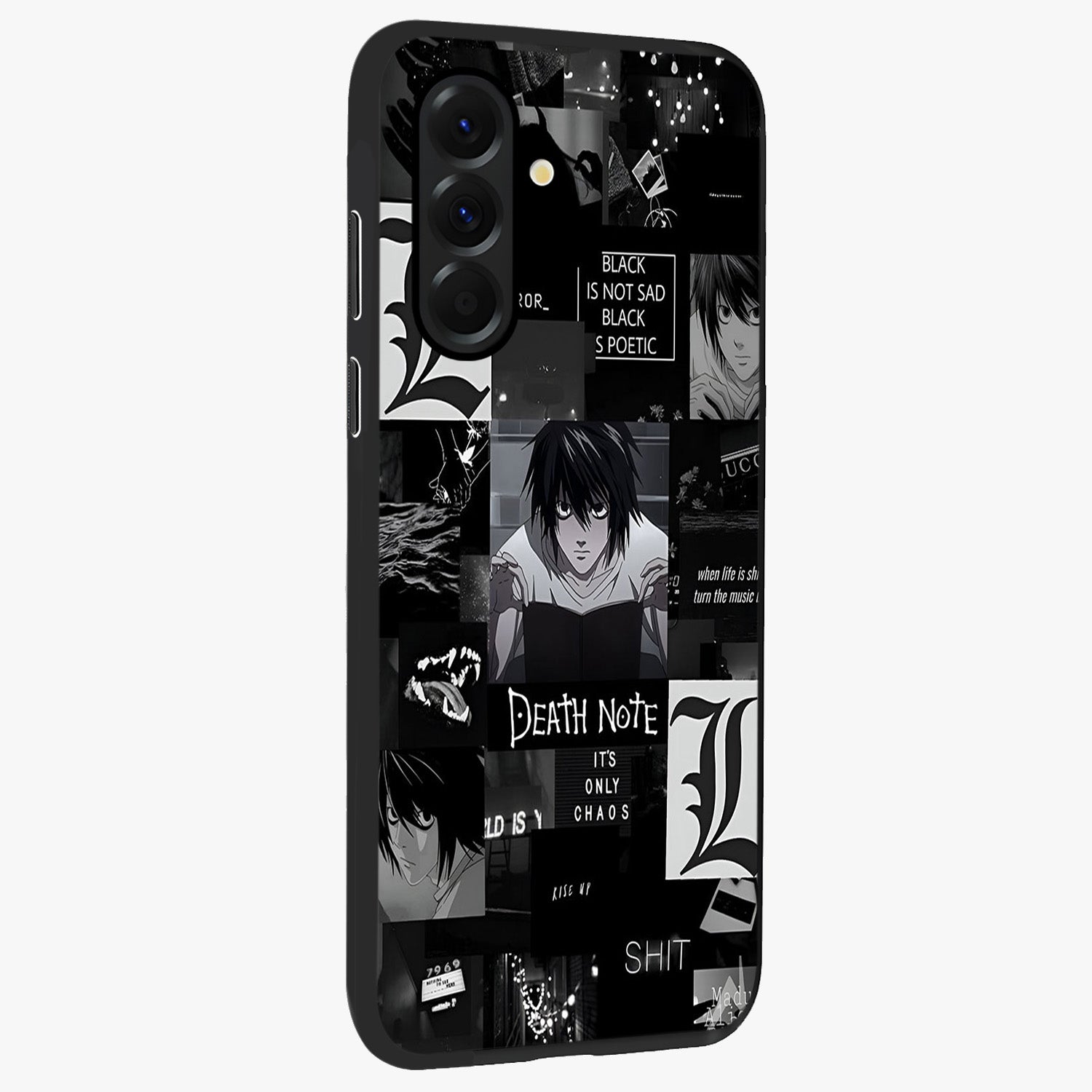 Midnight Chaos Mind Glass Case upright view showcasing expressive abstract artwork with bold dark theme.