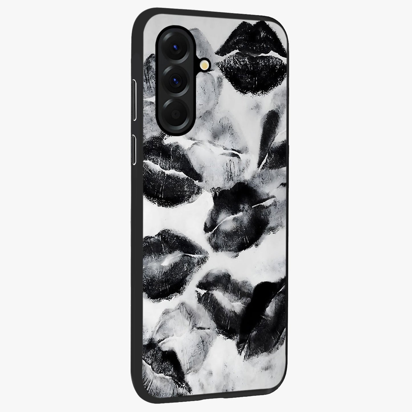 Midnight Kiss Marks Glass Case upright view showcasing stylish kiss mark artwork with trendy romantic theme.