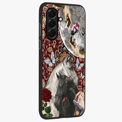 Moonlit Royal Stallion Glass Case upright view showcasing dramatic horse artwork with glowing moon themed design.