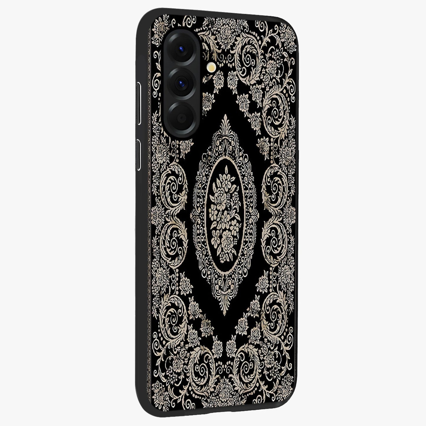 Noir Bloom Elegance Glass Case upright view showcasing graceful floral artwork with luxurious dark theme.