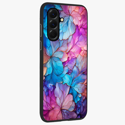 Radiant Floral Whirl Glass Case upright view showcasing lively floral artwork with decorative swirl theme.