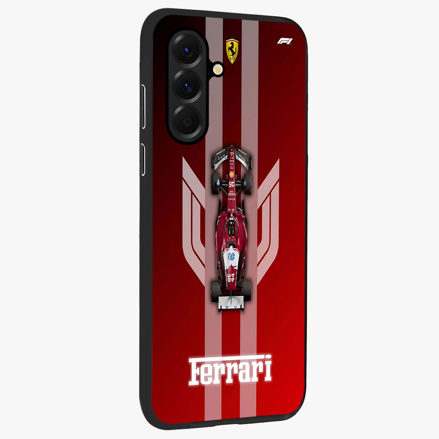 Red Ferrari F1 Vertical Glass Case upright view showcasing powerful Formula car artwork with dynamic motorsport theme.
