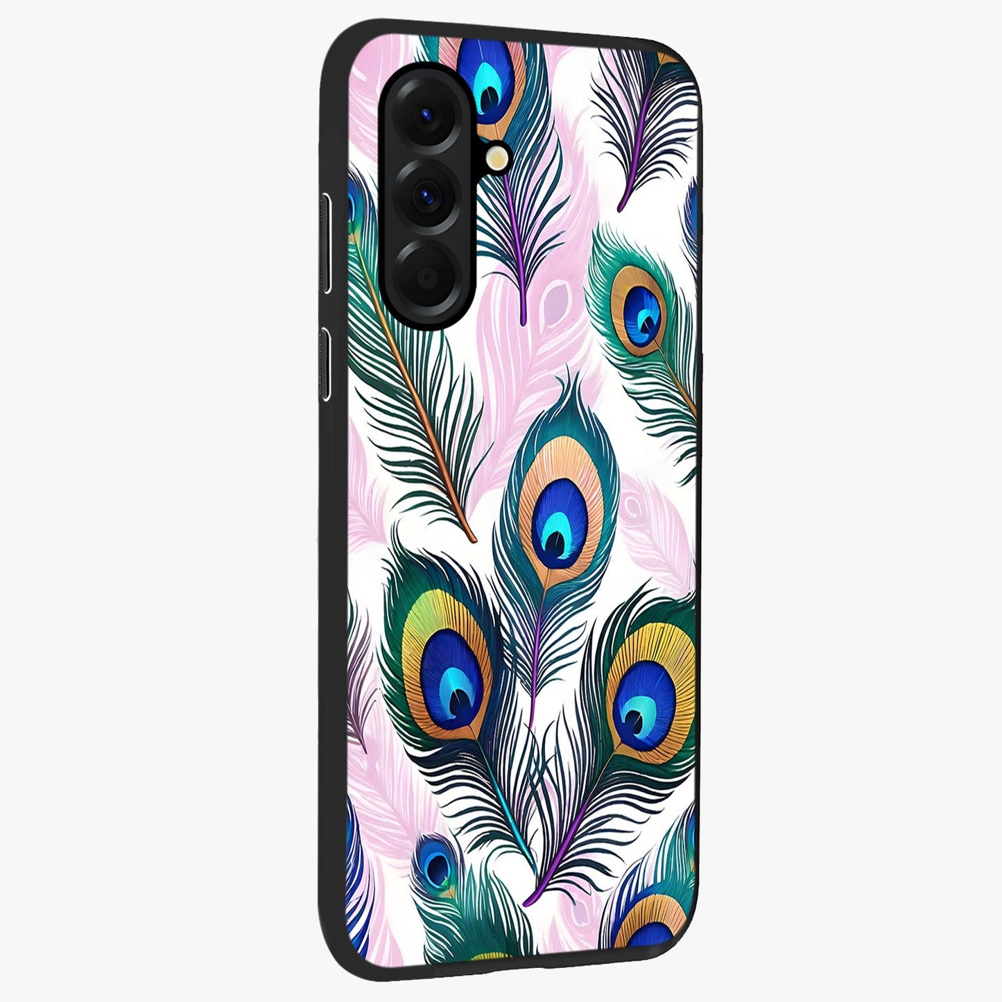 Royal Peacock Feathers Glass Case upright view showcasing elegant peacock feather artwork with decorative royal theme.