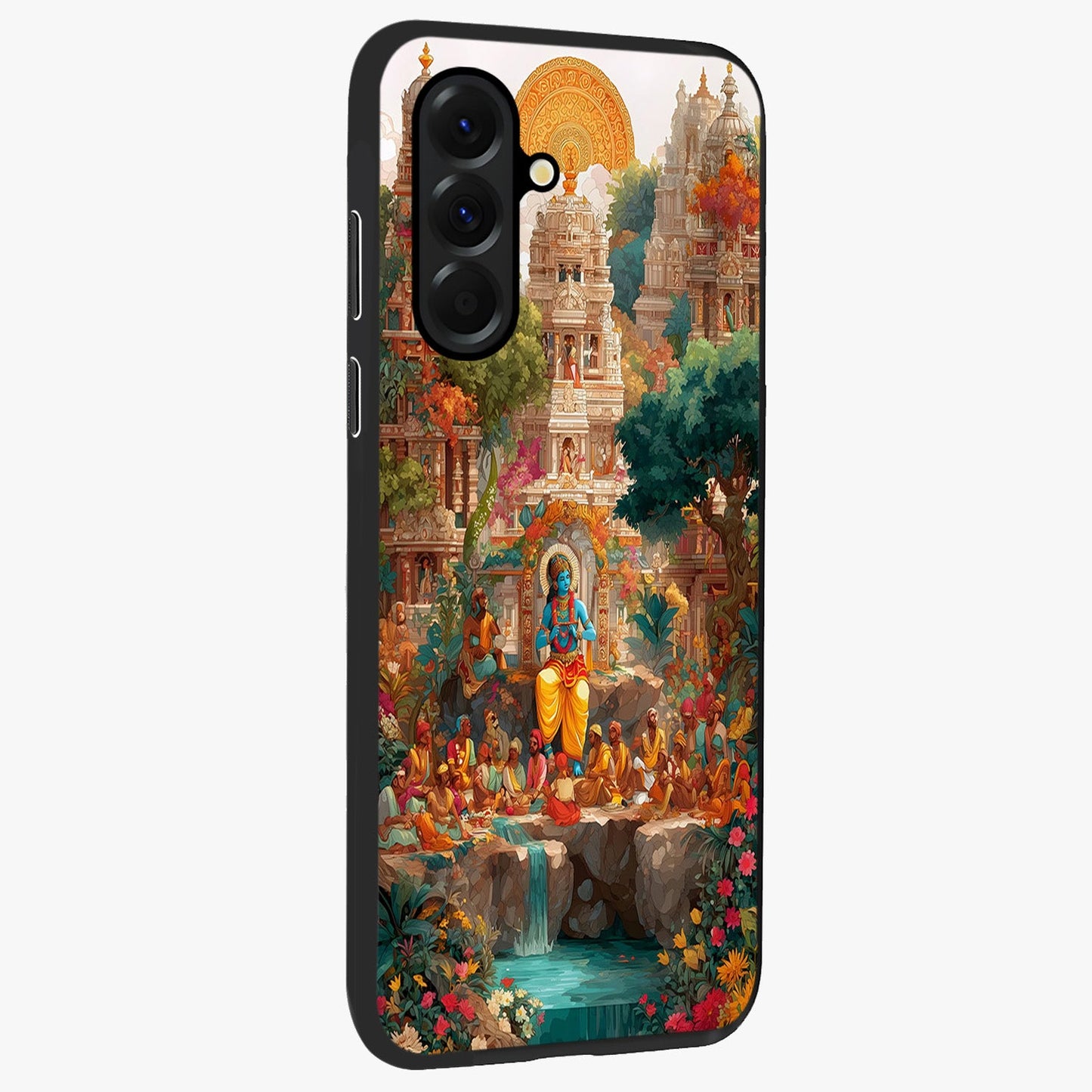 Sacred Sunlight Gods Glass Case upright view showcasing glowing divine artwork with sacred mythological theme.
