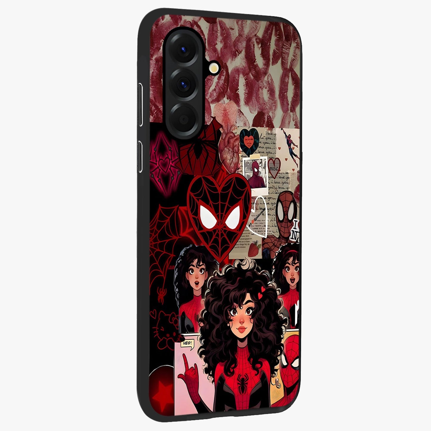 Spider Love Story Glass Case upright view showcasing charming superhero artwork with romantic comic theme.