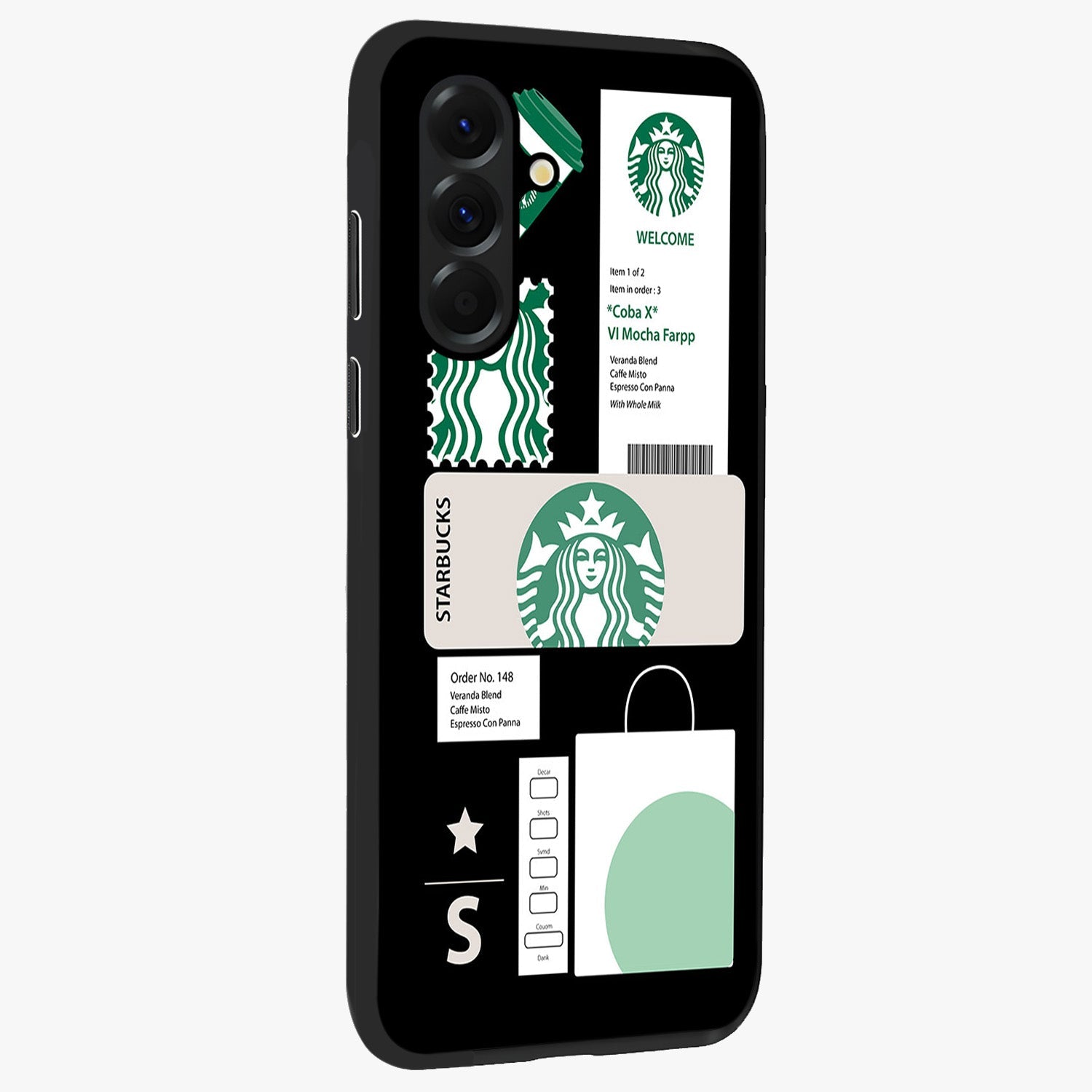 Starbucks Mocha Glass Case upright view showcasing trendy coffee inspired artwork with modern lifestyle theme.