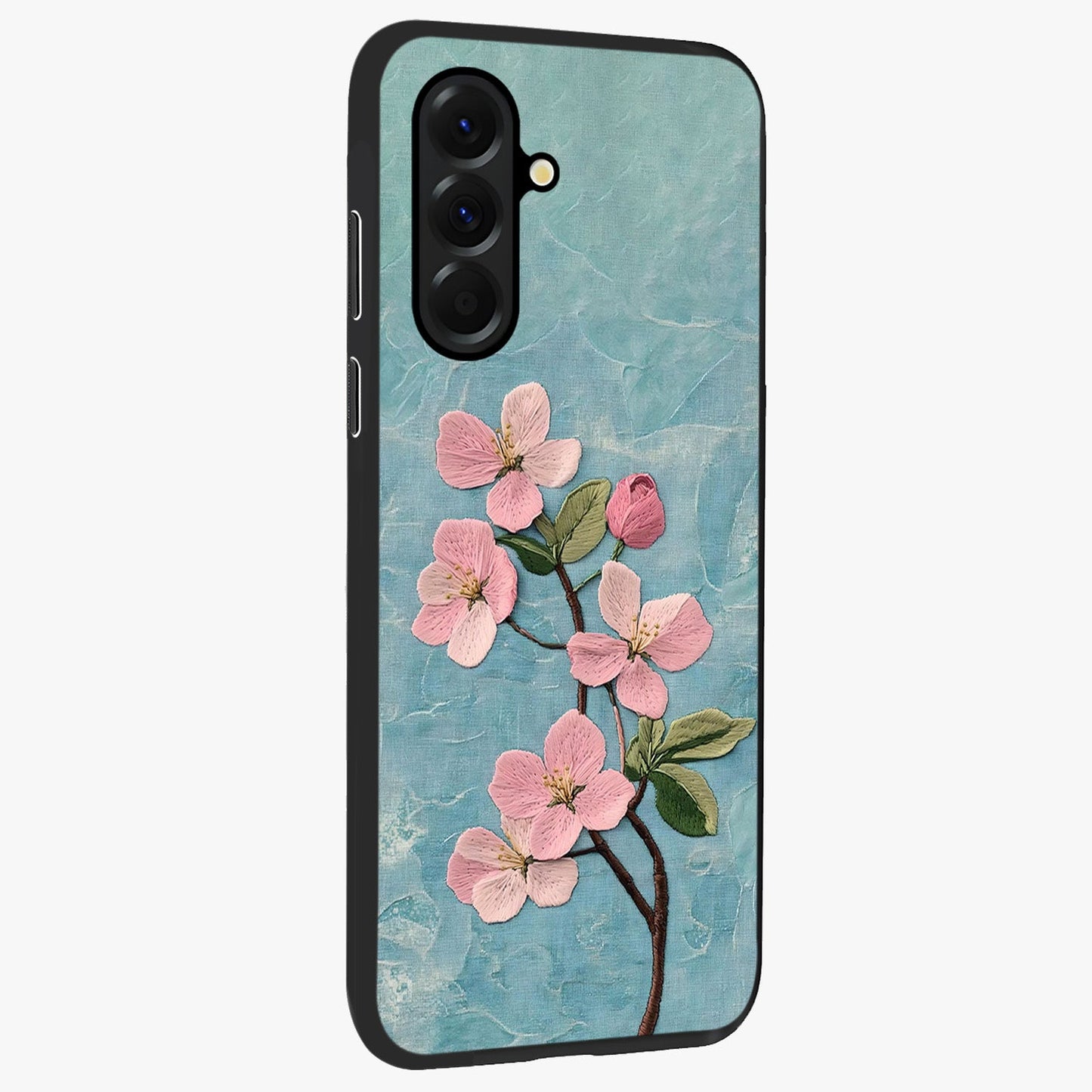 Threaded Blossom Breeze Glass Case upright view showcasing graceful flower artwork with calm botanical theme.