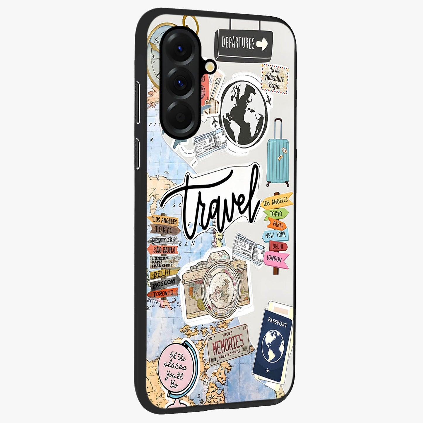 Wanderlust Journal Glass Case upright view showcasing wanderlust inspired artwork with creative exploration theme.