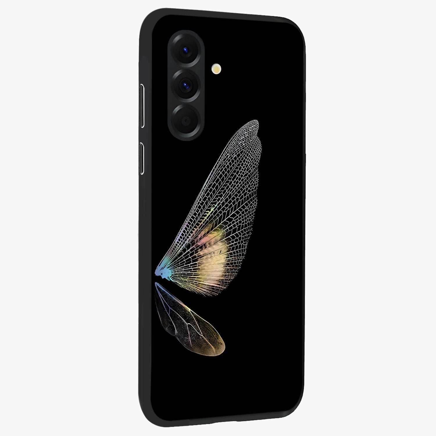 Whispers Of Wings Glass Case upright view showcasing elegant wing artwork with light airy theme.