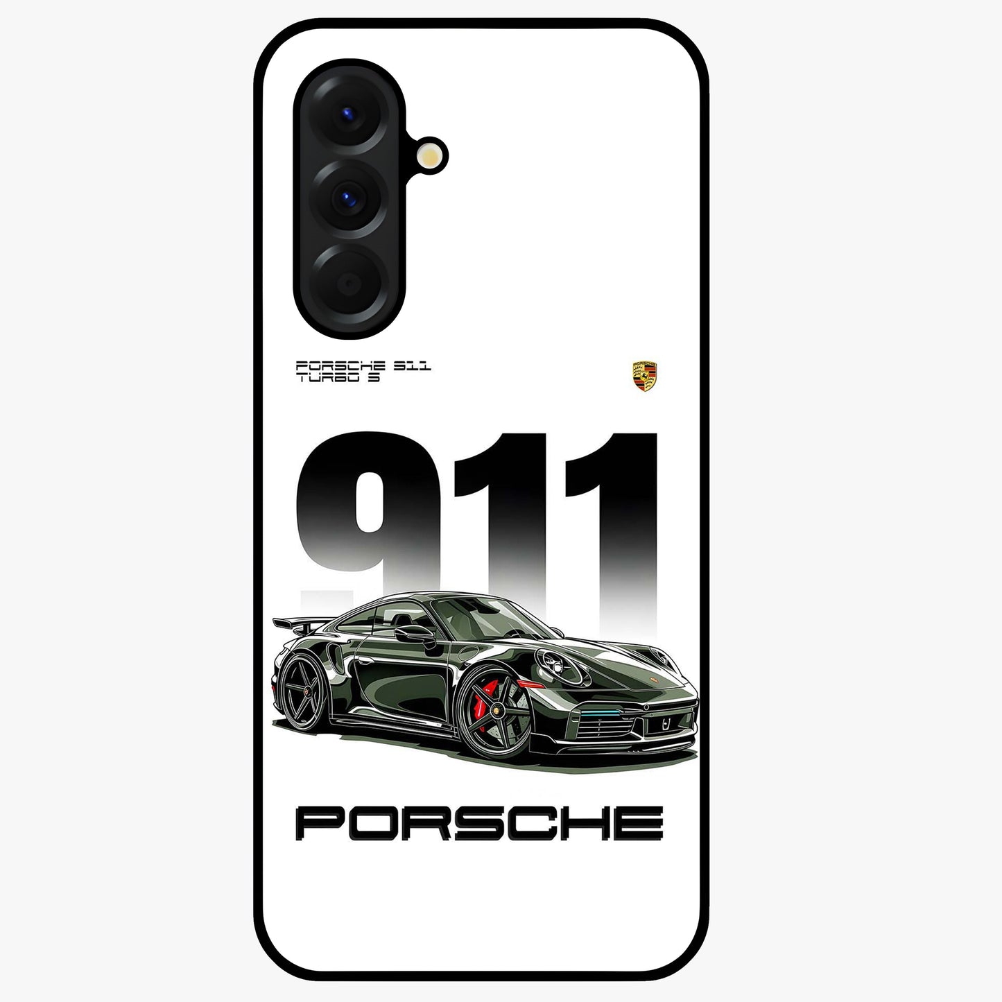 911 Turbo Dominance Glass Case showing clean flat back view with bold 911 sports car artwork and glossy glass finish.