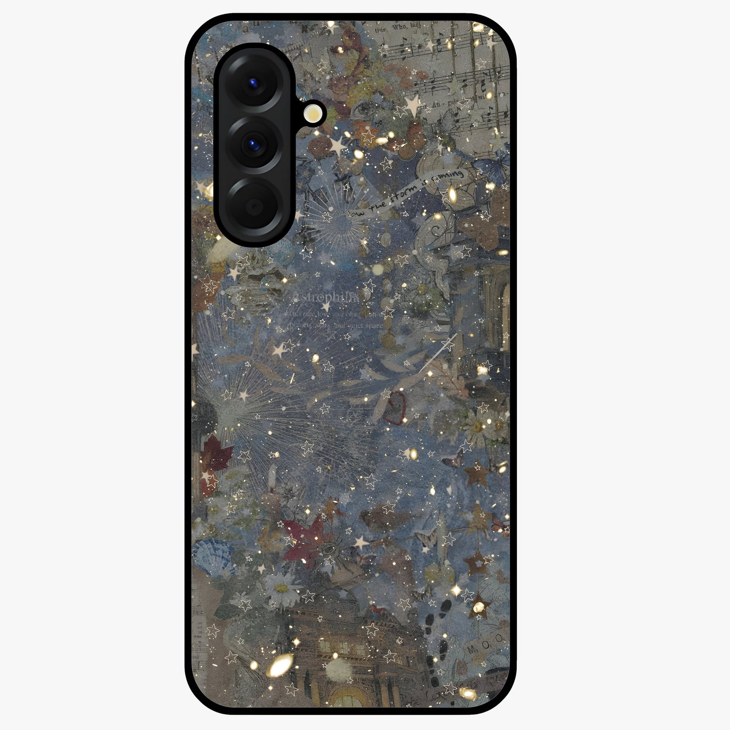 Aesthetic Astrolophia Glass Case showing flat back view with dreamy aesthetic design and glossy glass finish.