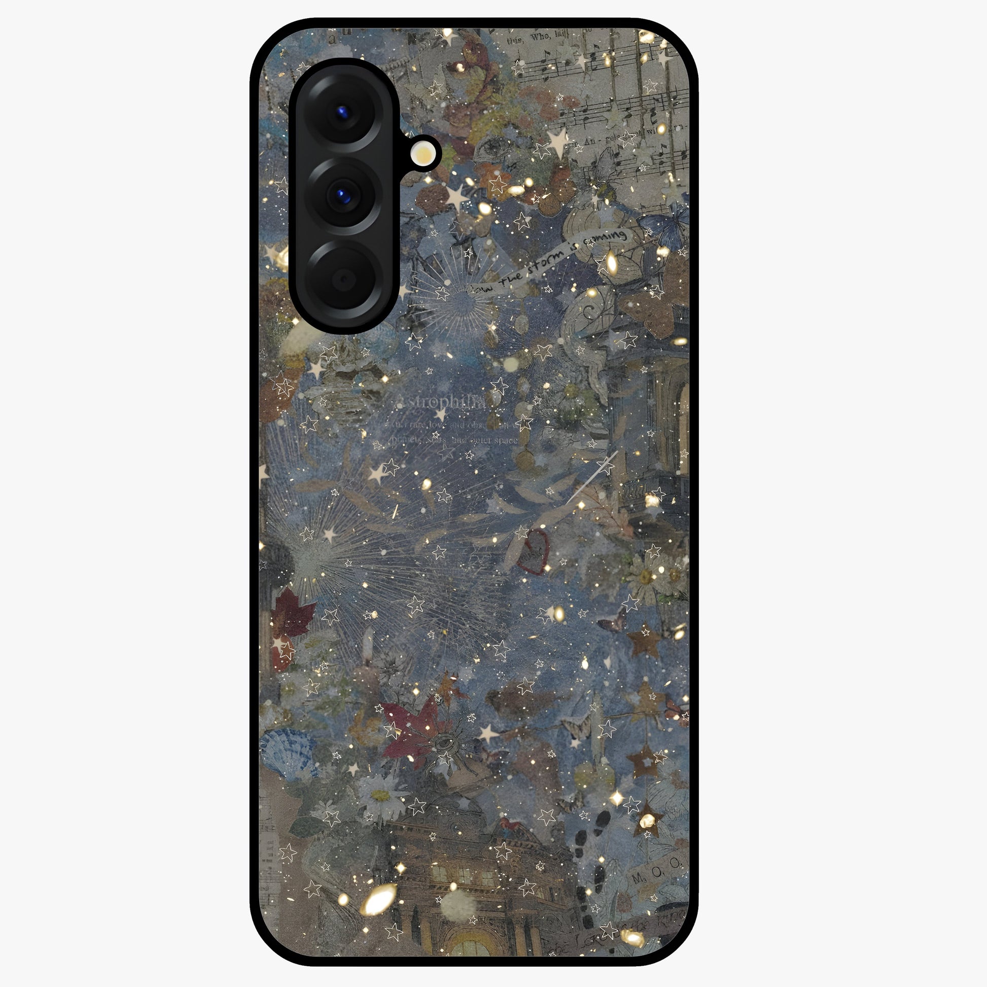 Aesthetic Astrolophia Glass Case showing flat back view with dreamy aesthetic design and glossy glass finish.