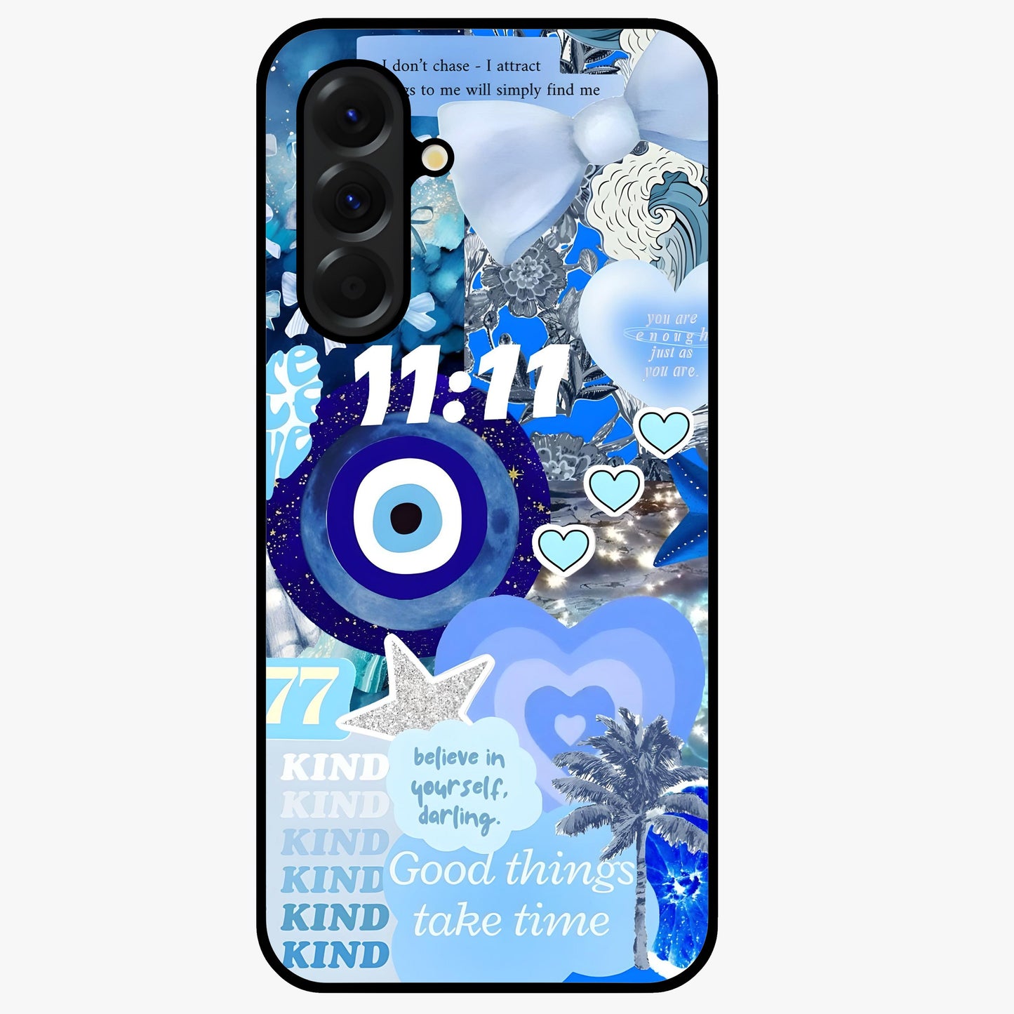 Aesthetic Be Kind Eye Glass Case showing flat back view with motivational eye artwork and glossy glass finish.