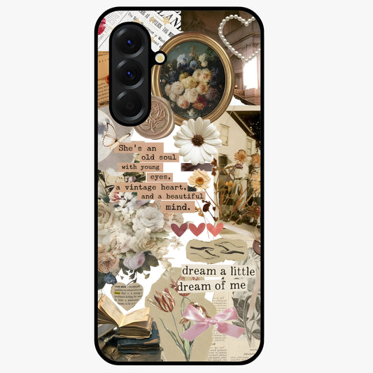 Aesthetic Brown Vintage Collage Glass Case showing flat back view with retro collage artwork and glossy glass finish.