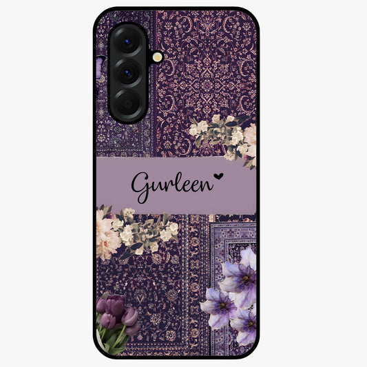 Antique Floral Whisper Custom Name Glass Case showing flat back view with vintage floral artwork and personalized name design.