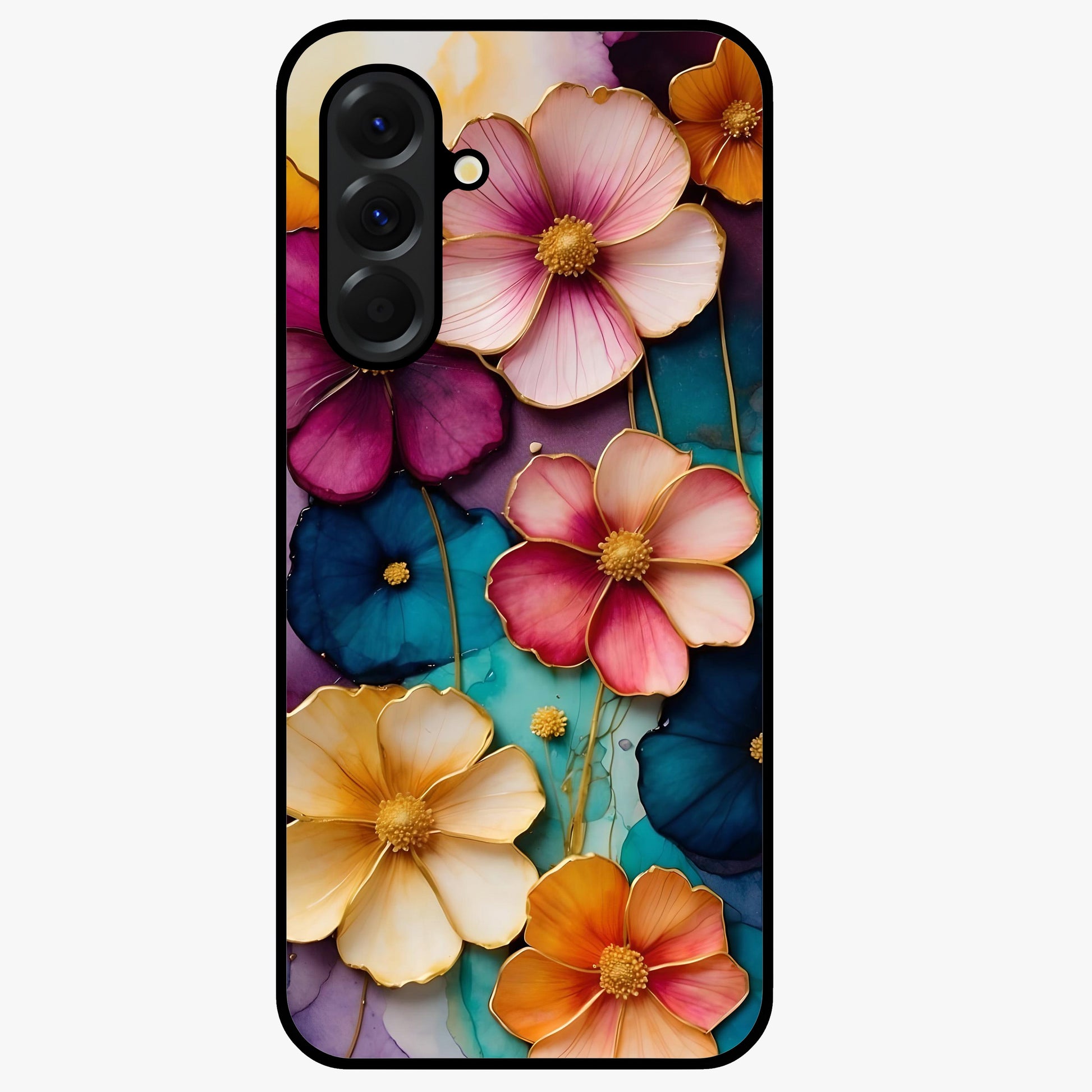 Artlyn Grace Flower Pattern Glass Case showing flat back view with elegant floral pattern artwork and glossy glass finish.