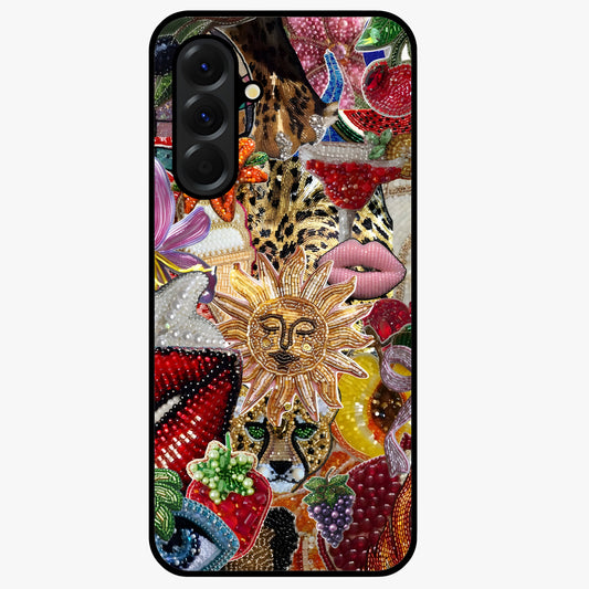 Beaded Fashion Jungle Glass Case showing flat back view with vibrant jungle inspired bead artwork and glossy glass finish.
