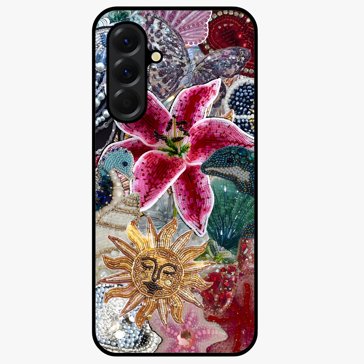 Beaded Garden Fantasy Glass Case showing flat back view with dreamy garden bead artwork and glossy glass finish.