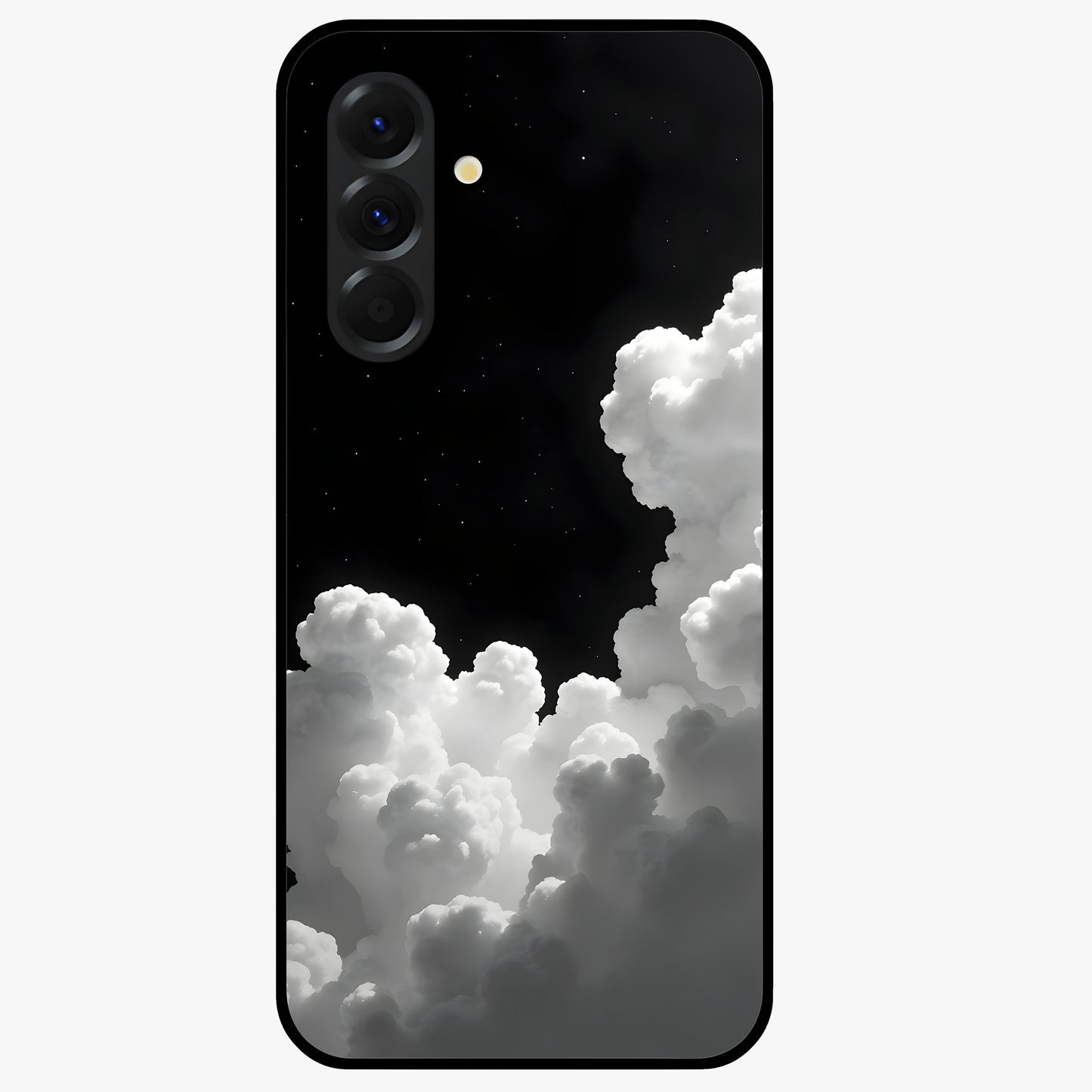 Black Background With White Cloud Glass Case showing flat back view with minimal cloud artwork on dark background and glossy glass finish.