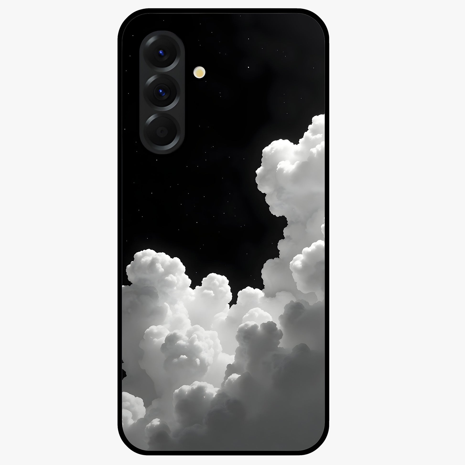 Black Background With White Cloud Glass Case showing flat back view with minimal cloud artwork on dark background and glossy glass finish.