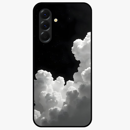 Black Background With White Cloud Glass Case showing flat back view with minimal cloud artwork on dark background and glossy glass finish.
