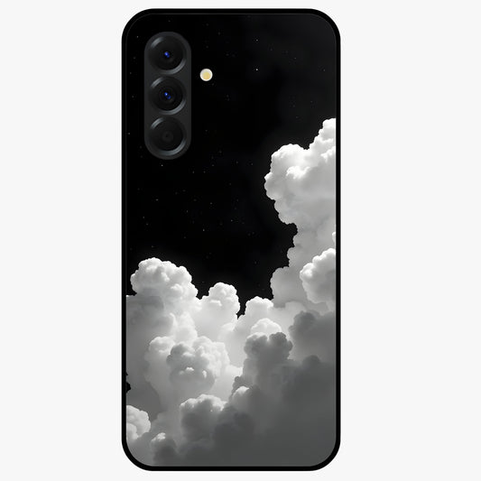 Black Background With White Cloud Glass Case showing flat back view with minimal cloud artwork on dark background and glossy glass finish.